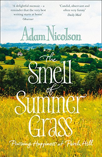 Book cover with green fields, yellow flowers, and title “The Smell of Summer Grass.”