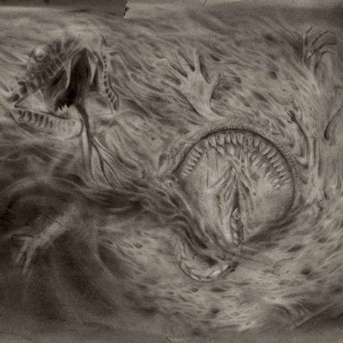 Dark, textured artwork depicting a monstrous figure and swirling forms.