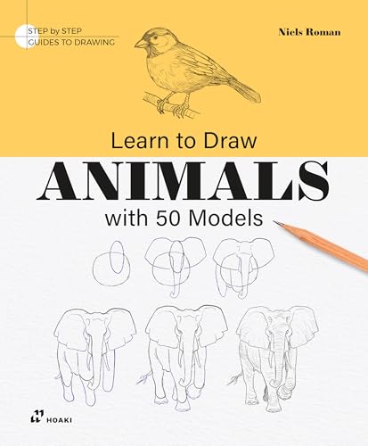 Book cover: "Learn to Draw Animals" with bird, sketches, and pencil.
