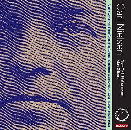 CD cover for Carl Nielsen concertos featuring abstract red and blue artwork.