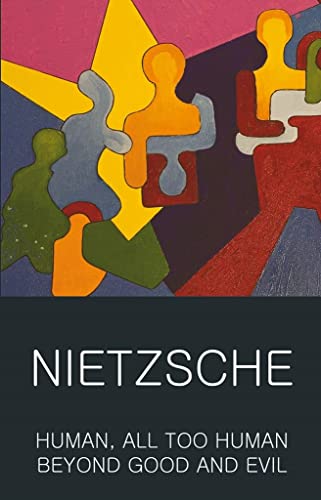 Book cover featuring abstract colorful figures above the text Nietzsche, Human, All Too Human.