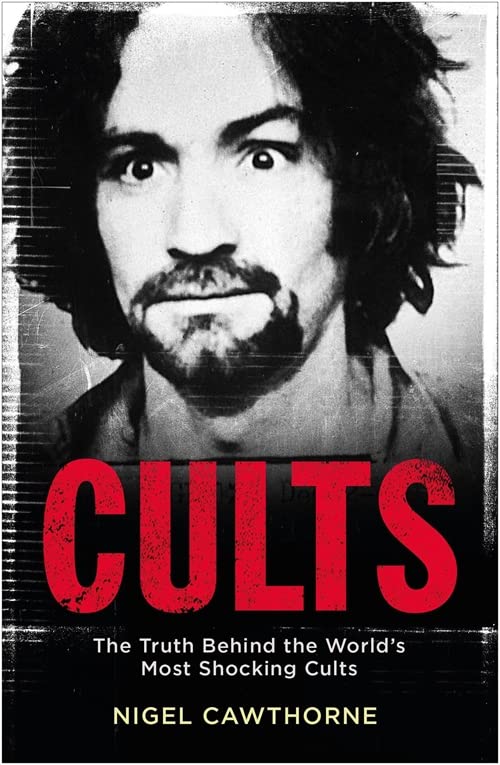 Book cover featuring Charles Manson’s portrait and large red “CULTS” text.