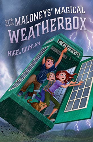 Children and a cat climb into a green, tilted telephone box during a storm.