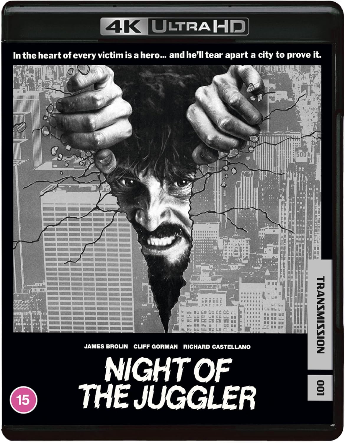 Black and white movie cover featuring a distressed man and city backdrop.