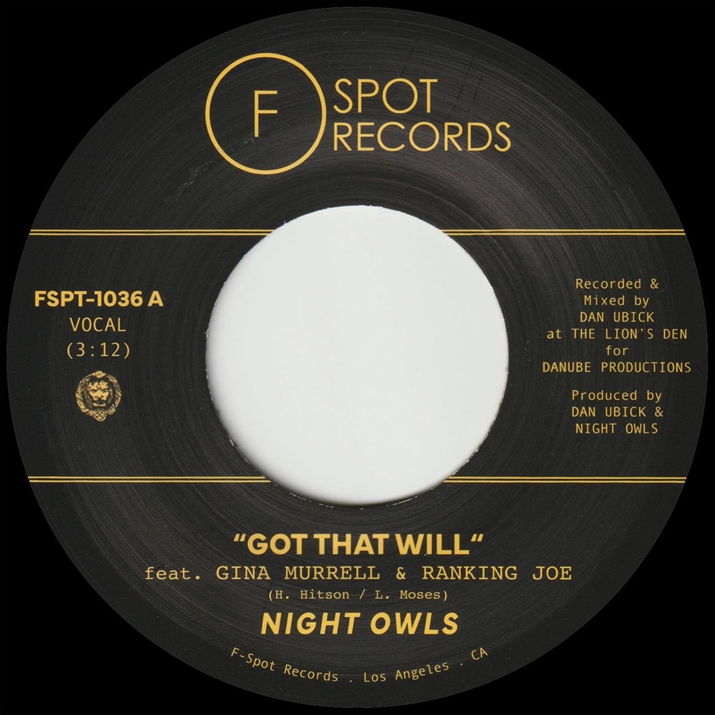 Black vinyl record label with white text: "Got That Will" by Night Owls.