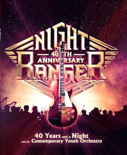 Night Ranger 40th anniversary concert Blu-ray cover featuring a guitar and orchestra silhouette.