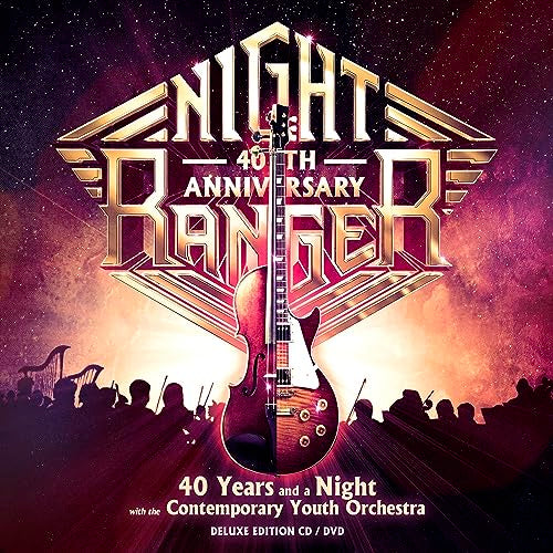 Night Ranger album cover featuring gold text, a guitar, and orchestra silhouettes.