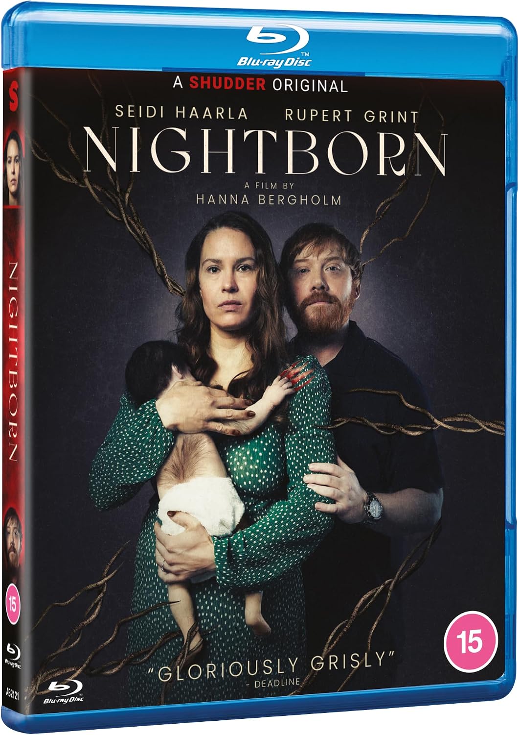 Blu-ray cover for horror film "Nightborn" featuring a family with dark imagery.