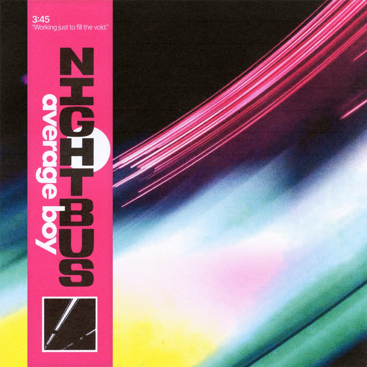 Vinyl cover with a pink vertical strip, black text, and abstract light streaks.