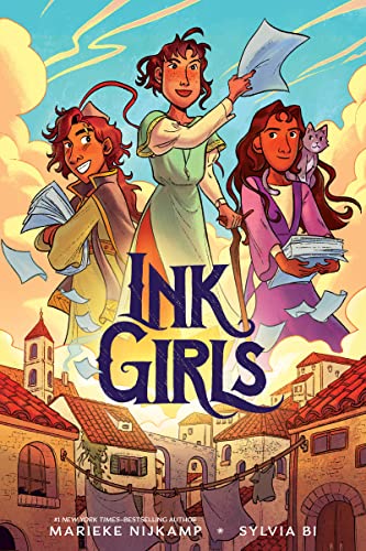 Book cover: three young women with papers, a cat, and a town backdrop.