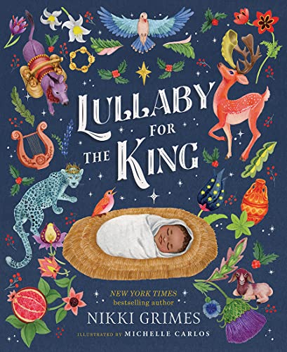 Book cover: baby Jesus in a manger surrounded by animals and floral designs.