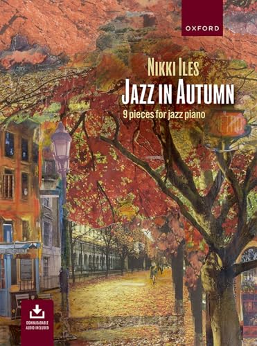 Sheet music cover, "Jazz in Autumn" by Nikki Iles, autumn scene.