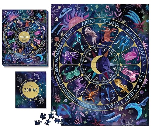 Zodiac 500-piece puzzle box and completed circular zodiac chart with constellations on dark background.