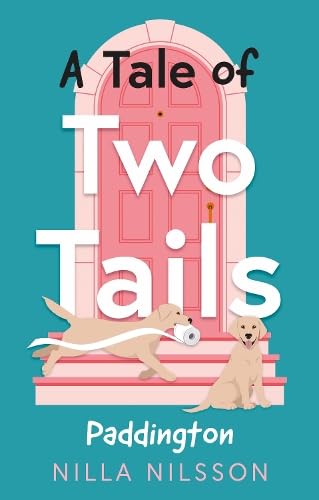 Book cover: two golden retrievers with toilet paper, pink door backdrop.