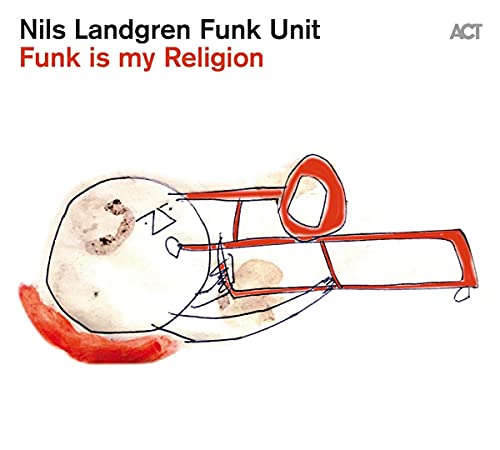 Album cover featuring a minimalist line drawing of a person playing a red trombone.