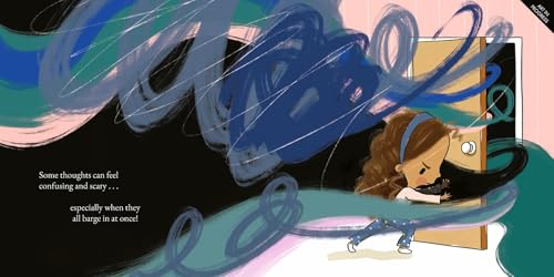 A girl struggles to close a door against swirling, dark, abstract shapes.