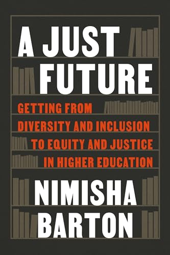 Book cover: "A Just Future" by Nimisha Barton, with bookshelf background.
