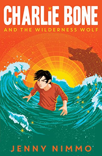 Book cover: boy amidst waves, wolf silhouette, orange sun backdrop.