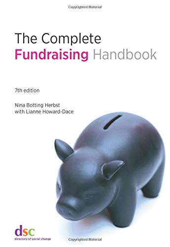 Book cover: "The Complete Fundraising Handbook" with a piggy bank image.