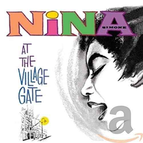 Album cover featuring a sketch of Nina Simone with colorful text and building illustration.