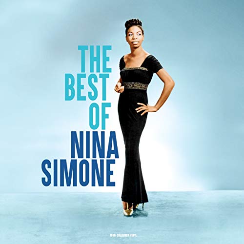 Nina Simone in a black dress against a light blue background with album text.