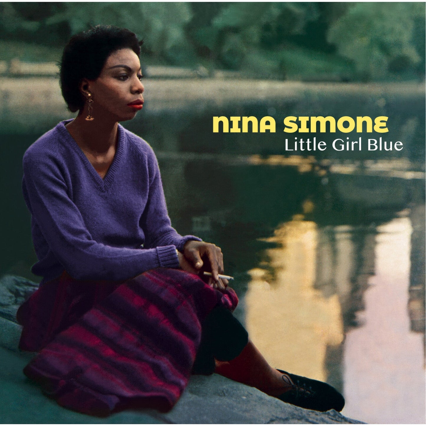 Nina Simone portrait on album cover, “Little Girl Blue,” lakeside setting.