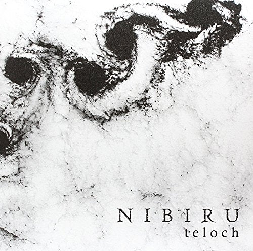 Abstract black ink swirls on a white textured background with the text Nibiru Teloch.