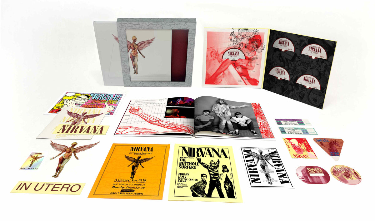 Nirvana’s “In Utero” 5CD box set with associated ephemera displayed.