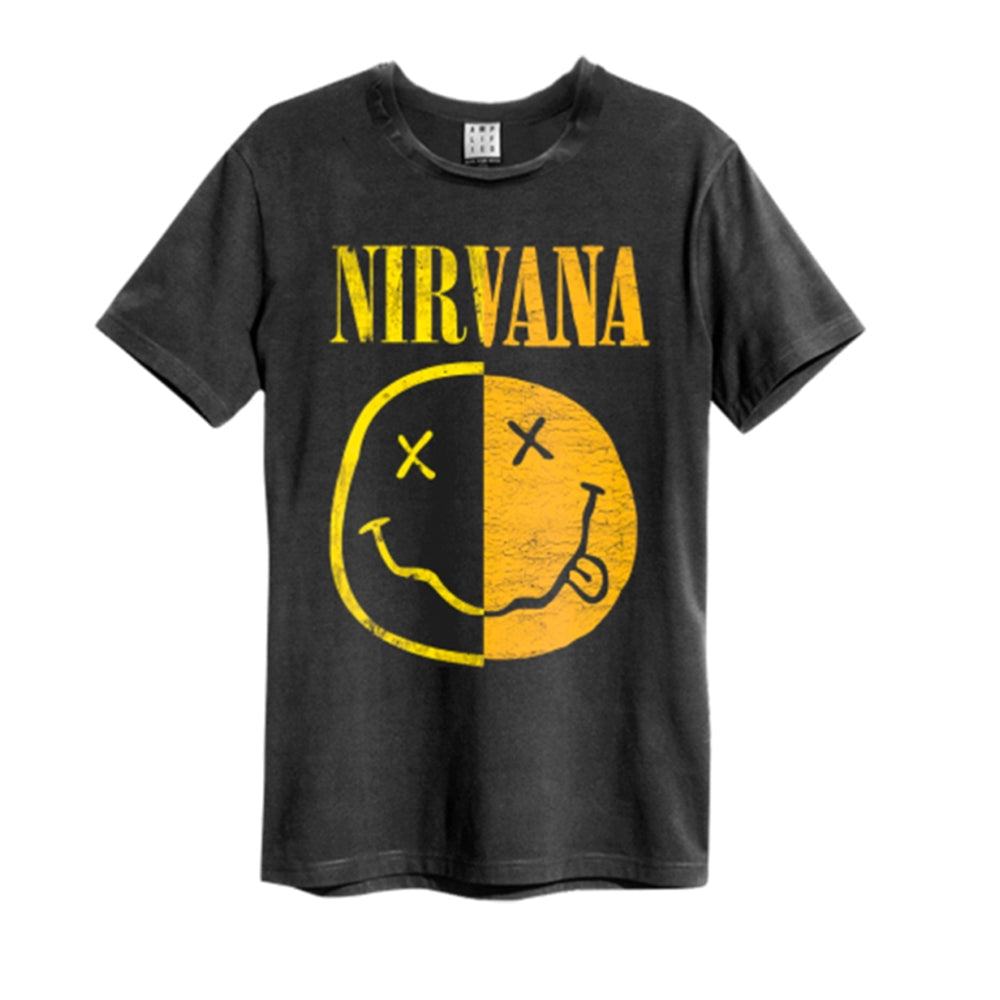 Charcoal t-shirt with yellow and black Nirvana smiley face graphic.