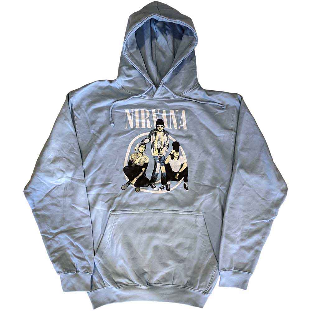 Dark pullover hoodie with a photo of Kurt Cobain in a trapper hat.