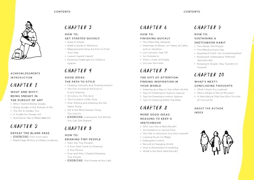Book open to table of contents with illustrated figures and yellow accents.