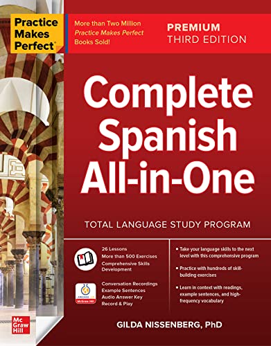 Book cover for Practice Makes Perfect Complete Spanish All-in-One with red background and arches.