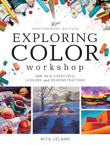 Book cover titled Exploring Color Workshop featuring art supplies and colorful paintings by Nita Leland.