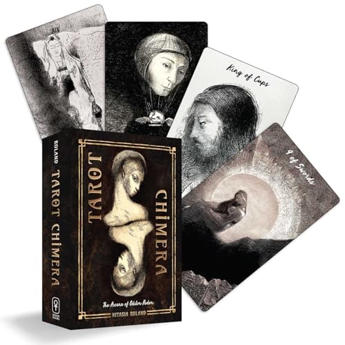 Tarot Chimera deck and box with grayscale, surrealist portrait imagery.