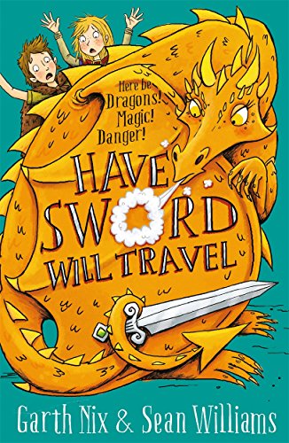Book cover: children with a large orange dragon and a sword.