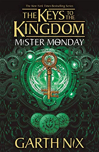 Book cover for Mister Monday featuring a large ornate key over green mechanical gears.