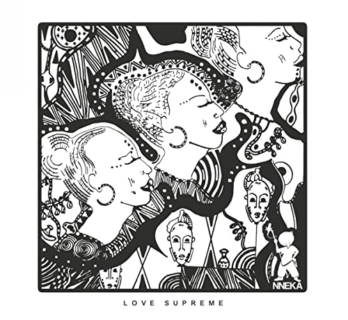 Black and white vinyl record cover with abstract faces and text.