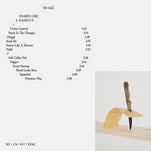 Vinyl record cover: text list and a knife stuck in cheese.