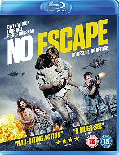 No Escape" Blu-ray cover featuring Owen Wilson carrying a child while fleeing chaos.