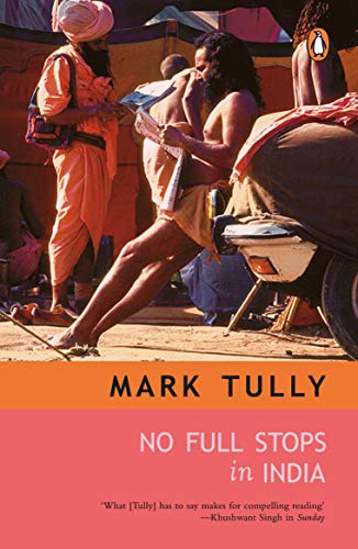 Book cover: "No Full Stops in India" featuring men and a motorcycle.
