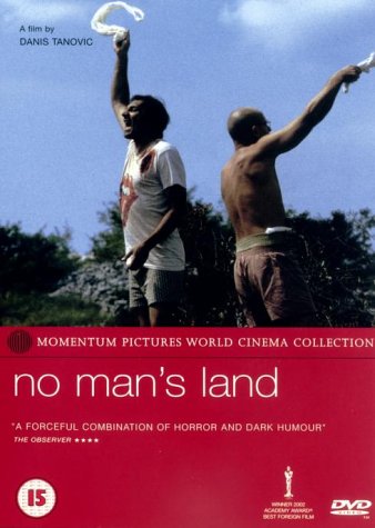 Two men stand outside against a blue sky waving white cloths, on a DVD cover.