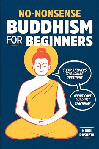 Book cover: "No-Nonsense Buddhism for Beginners" with a meditating Buddha illustration.