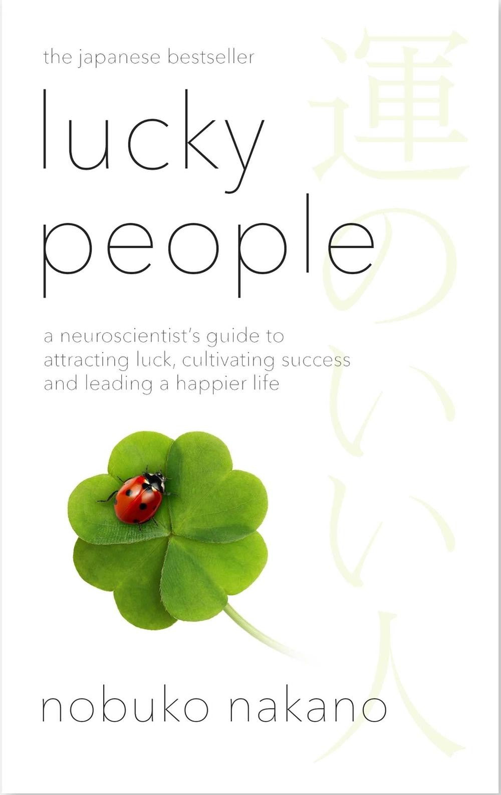Book cover: “Lucky People” with clover and ladybug illustration.