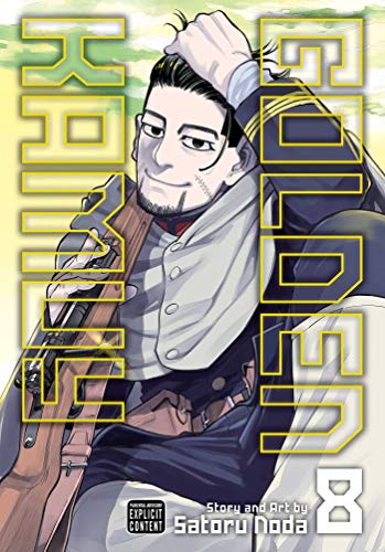 Manga cover featuring a man with a scar holding a rifle, titled Golden Kamuy 8.
