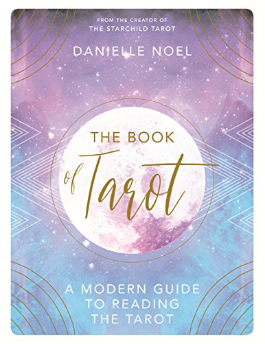 The image shows a book titled "The Book of Tarot" with a purple and blue cover. Alt text: Book cover with moon graphic, purple and blue background, and white text.