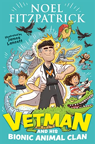 Book cover featuring a boy with bionic animals, illustrated in a cartoon style.