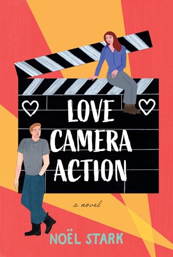 Book cover featuring a film clapperboard, a woman sitting on top, and a man standing.