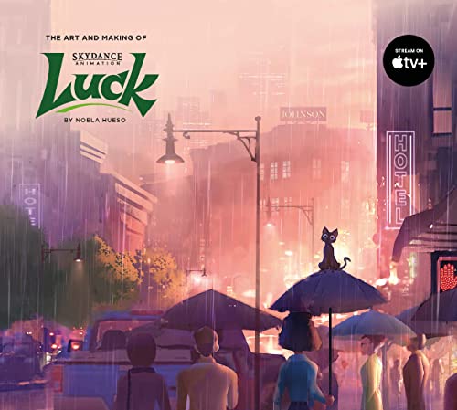 Book cover for “Luck” featuring a rainy city street and a black cat.