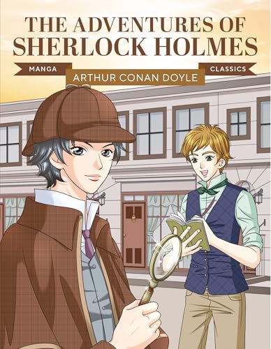 Manga-style Sherlock Holmes holding a magnifying glass with Dr. Watson in the background.
