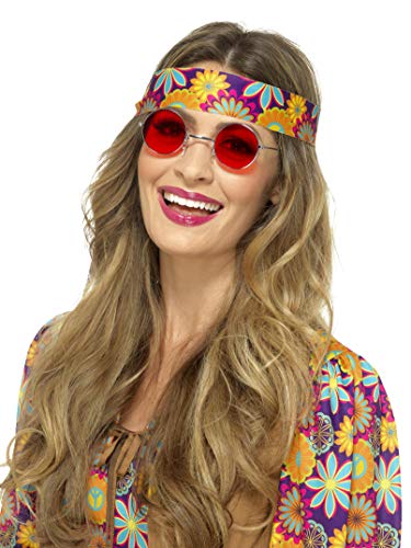 Woman wearing a floral headband and round red-tinted sunglasses.